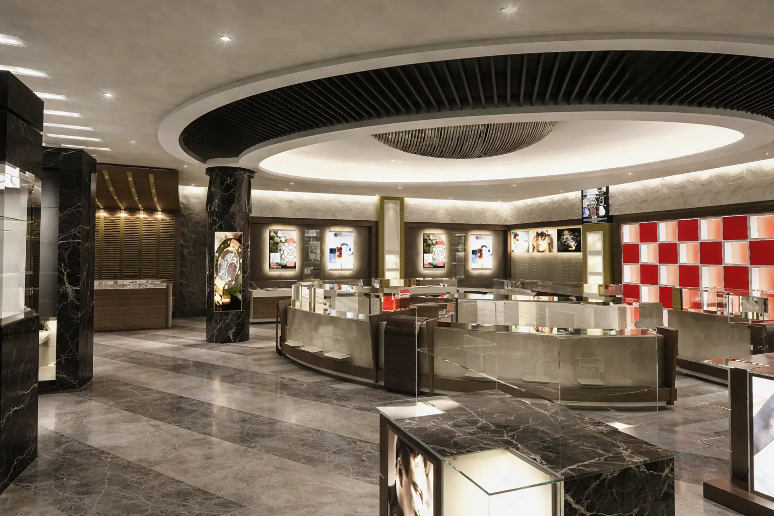 Luxury watch and jewellery boutique with backlit display cases