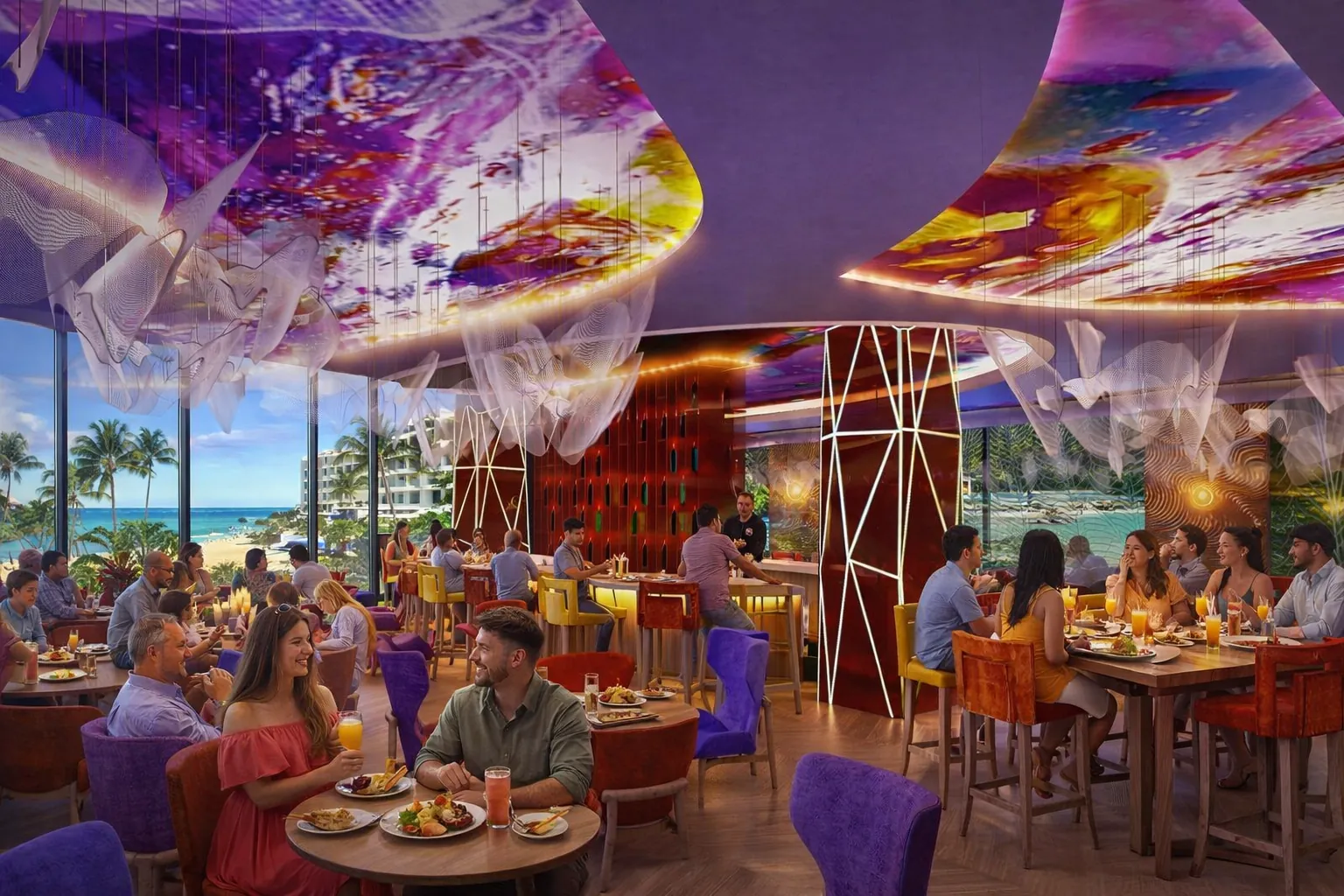 Restaurant dining room with a painted ceiling canopy and clearly zoned table and banquette seating