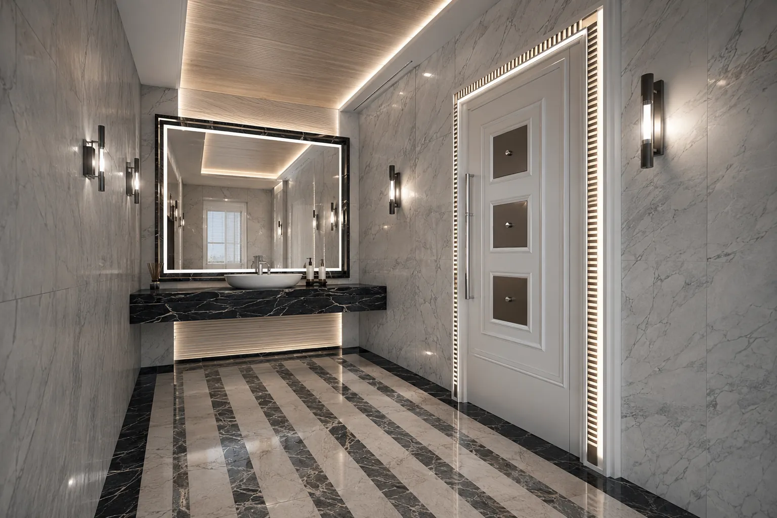 Book-matched marble walls and striped stone floor in a villa bathroom, with a backlit mirror