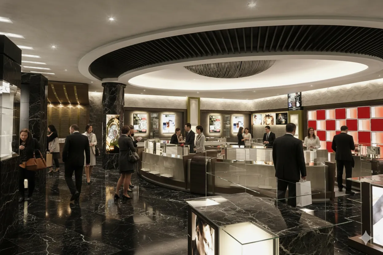 Shoppers browsing a luxury retail boutique