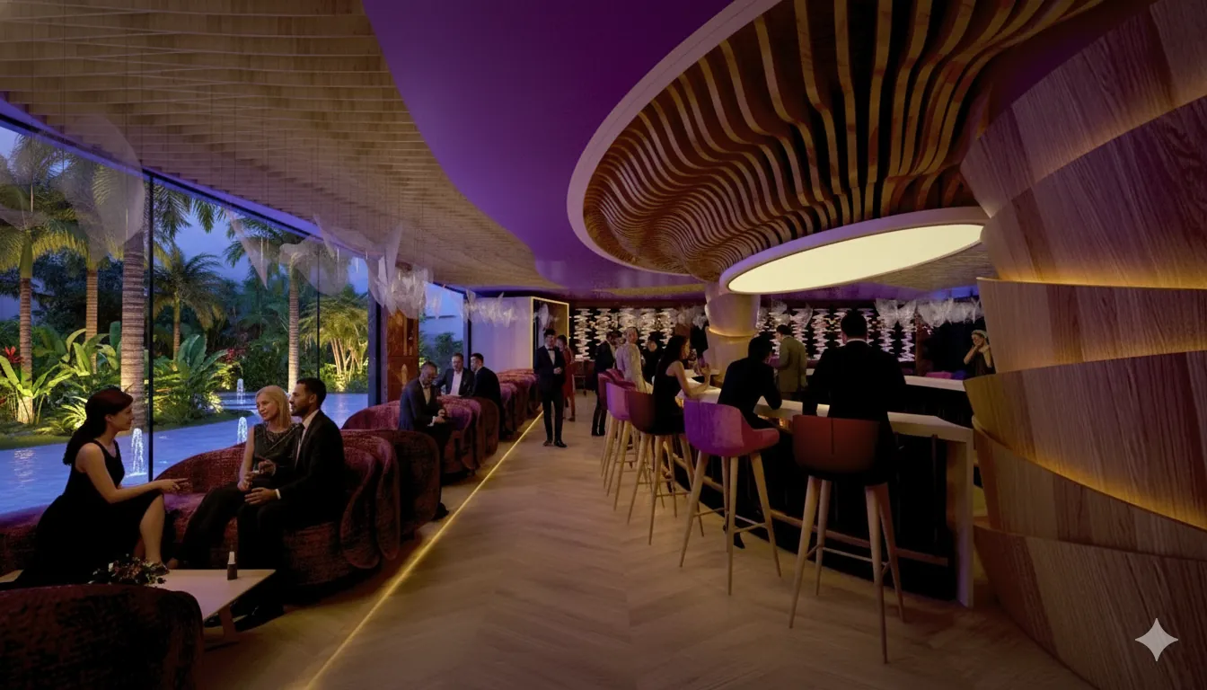 Lounge bar with ribbed timber ceiling baffles and ocean-view seating in a high-energy venue