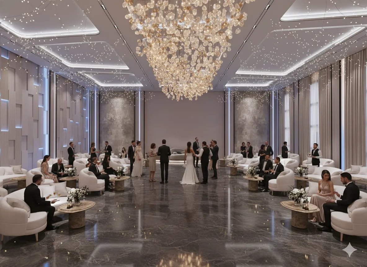 Hotel ballroom reception in Dubai under a crystal chandelier, with guests seated at lounge tables