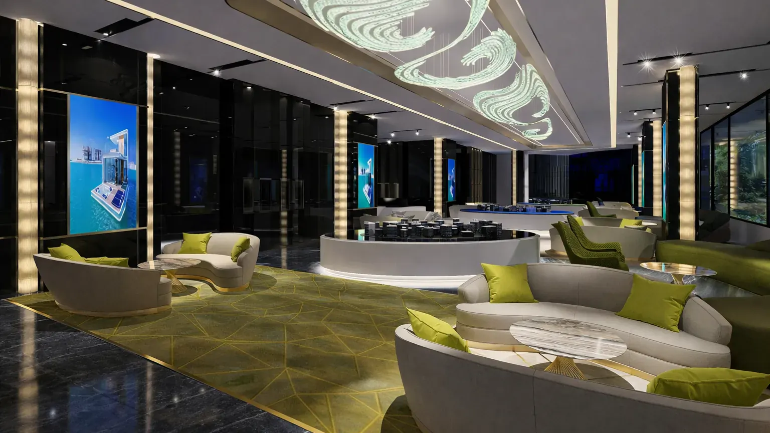 Entertainment venue interior with layered accent lighting
